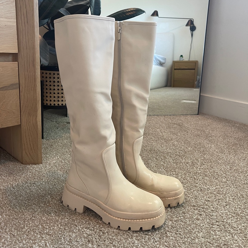 Cream, tall combat boots